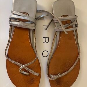 Silver and Gray Flat Sandals with Ankle Lace Up Straps